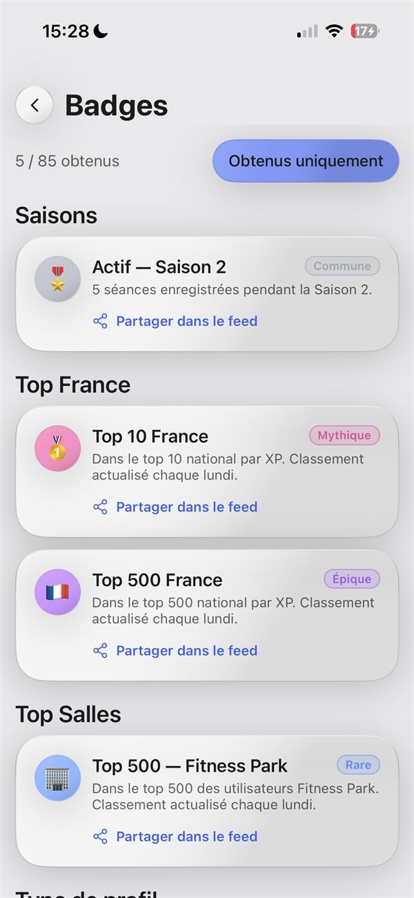 Écran Badges de l'app LiftUp