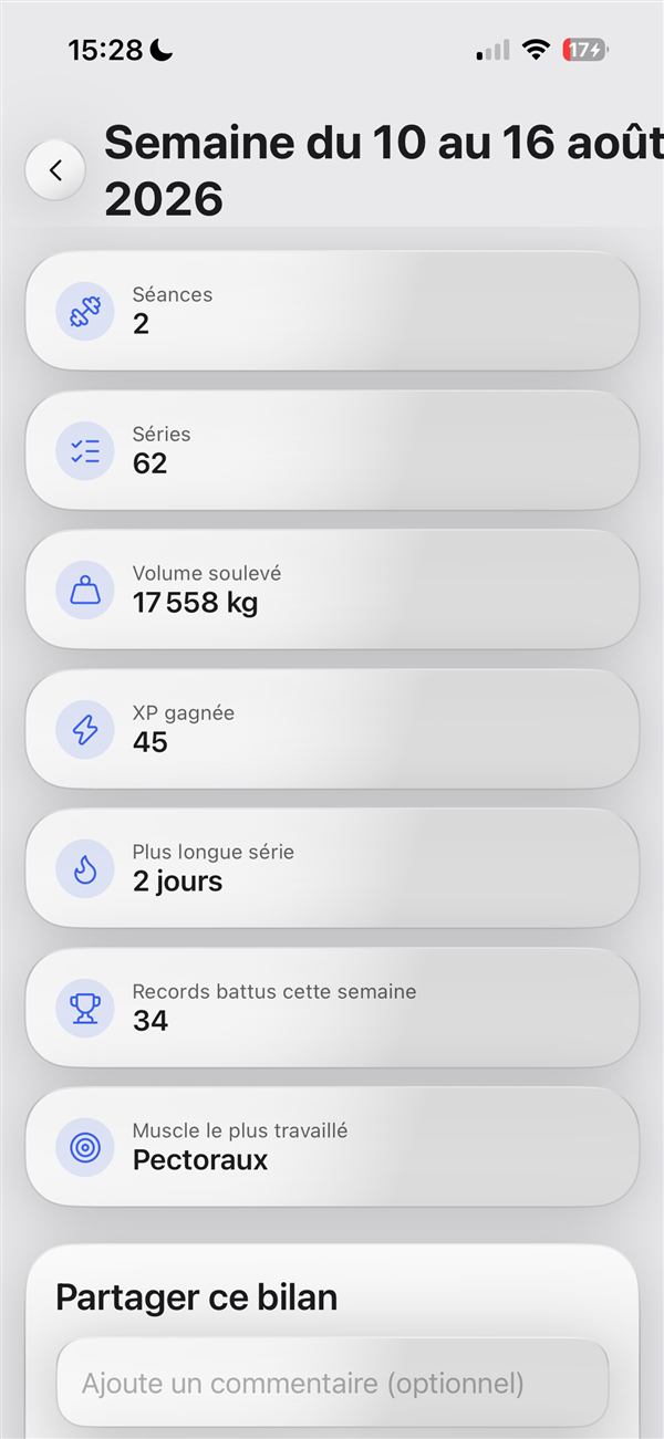 Écran Bilan hebdomadaire de l'app LiftUp