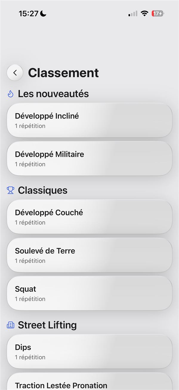 Écran Classement de l'app LiftUp
