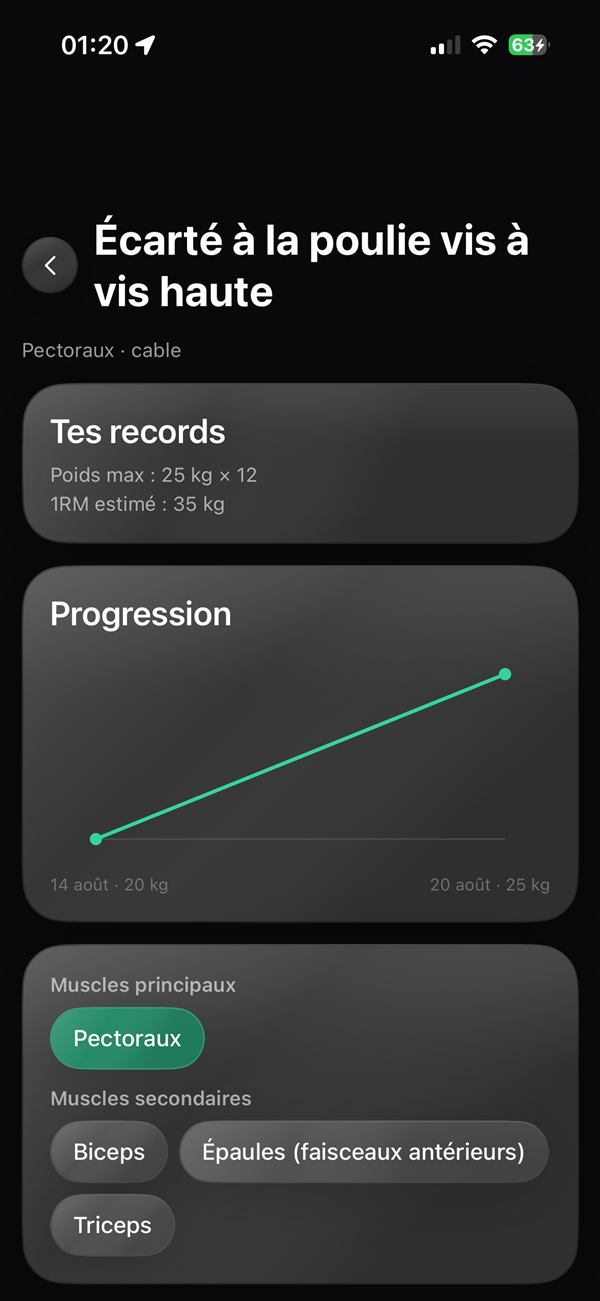 Écran Progression d'un exercice de l'app LiftUp