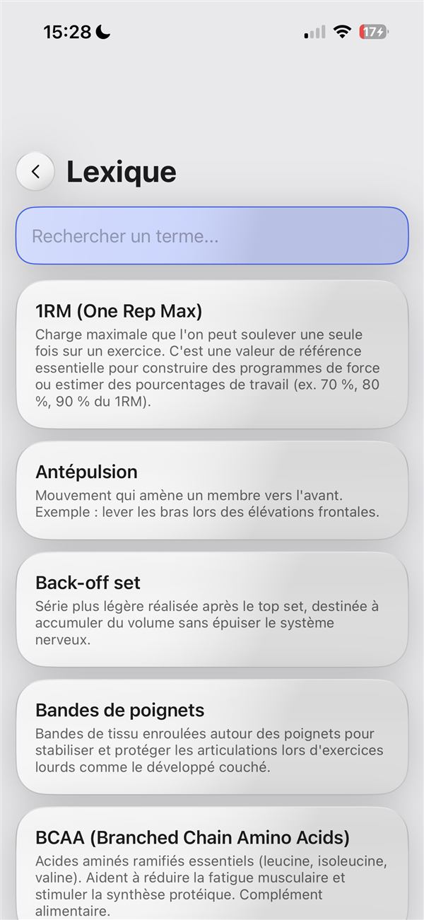 Écran Lexique de l'app LiftUp