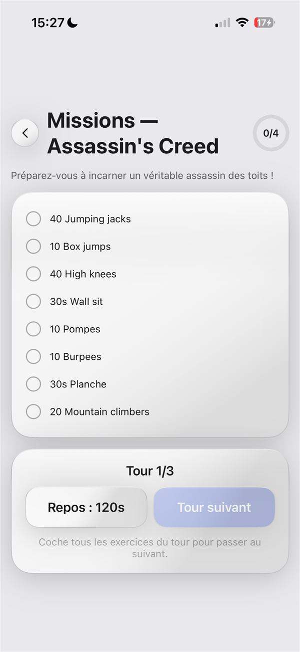 Écran Missions Assassin's Creed de l'app LiftUp