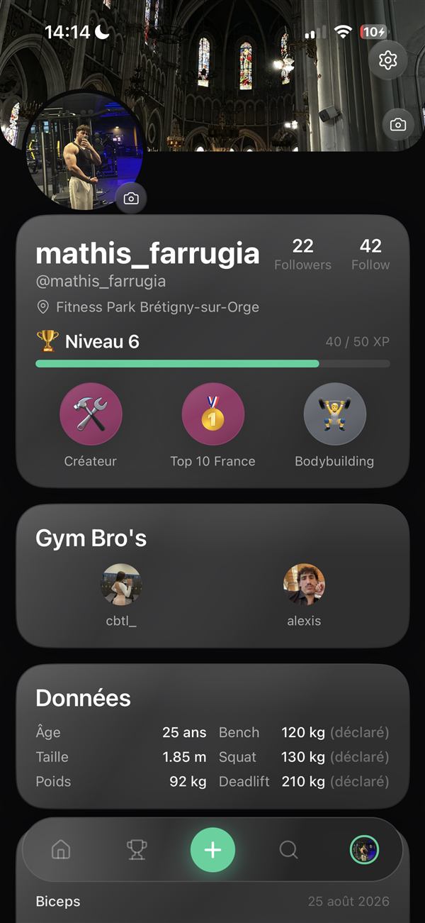 Écran Profil de l'app LiftUp