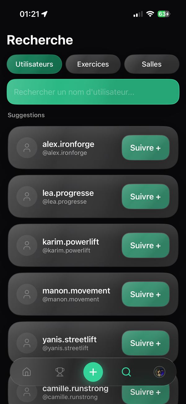 Écran Recherche d'utilisateurs de l'app LiftUp