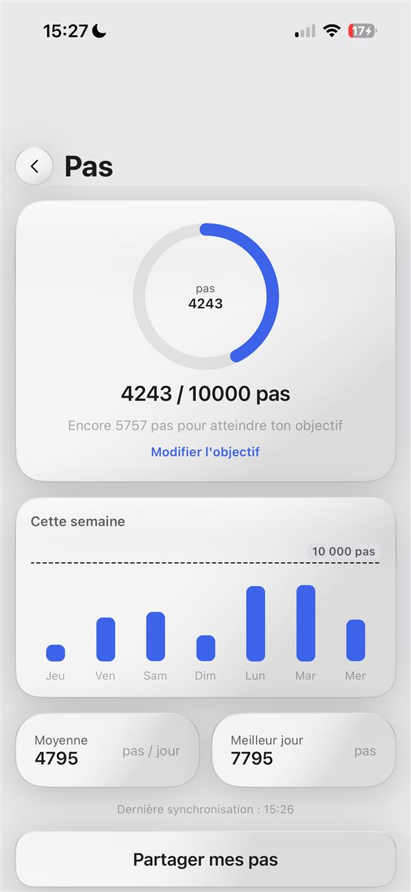 Écran Pas (Apple Santé) de l'app LiftUp