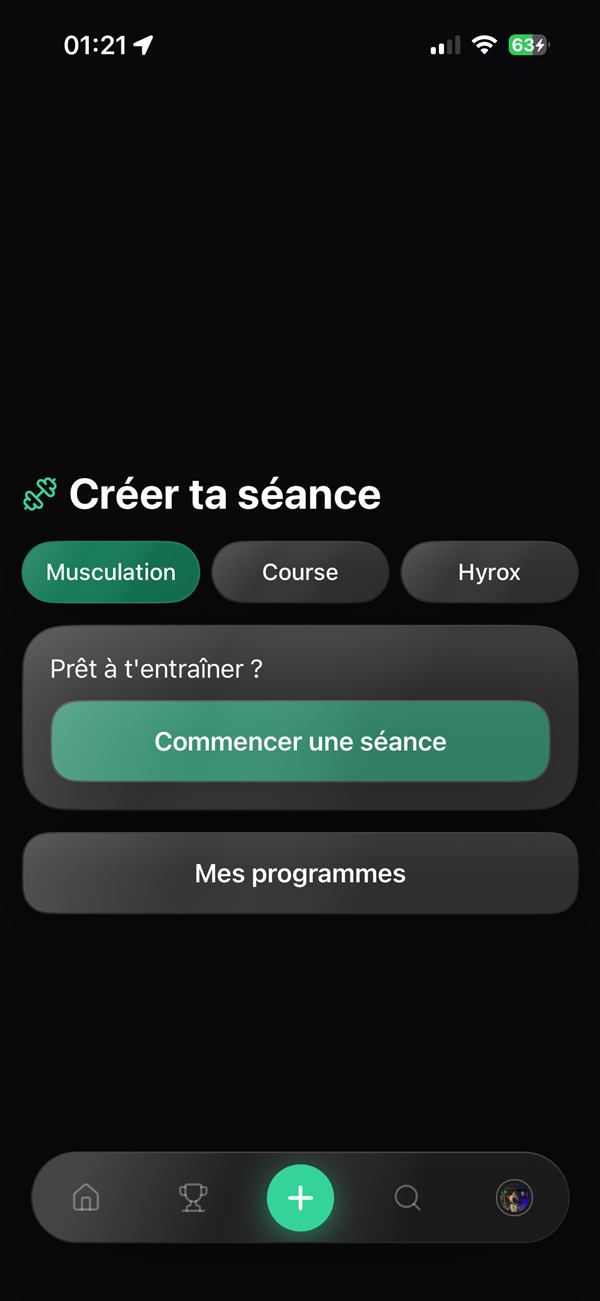 Écran Créer ta séance de l'app LiftUp